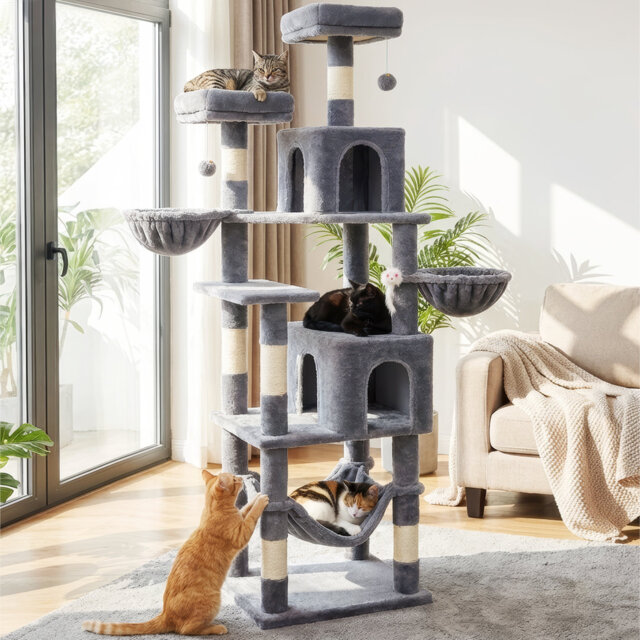LIKISAK Cat Tree, 70 Inch Cat Tower for Indoor Cats, Multi-Level Cat Tree with Scratching Post, Hammock, Hanging Basket, Large Cat Condos for Adult Ca
