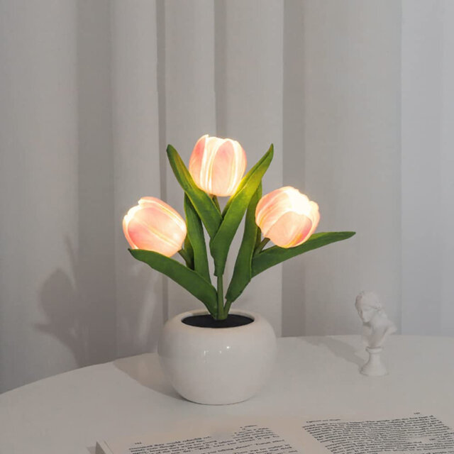 LED Tulip Night Light Table Lamp with Vase - Simulation Real-Touch Artificial Flower Decor - Soft Accent Light for Bedroom/Living Room Centerpiece - P