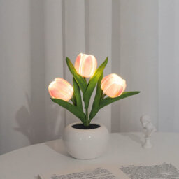 LED Tulip Night Light Table Lamp with Vase - Simulation Real-Touch Artificial Flower Decor - Soft Accent Light for Bedroom/Living Room Centerpiece - P