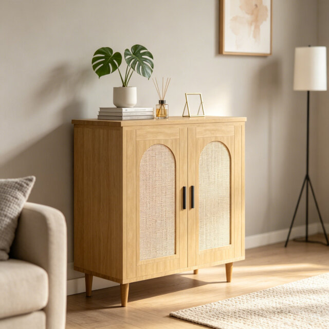 Rattan Sideboard Cabinet with Adjustable Shelves - Sturdy MDF Construction, Easy Assembly for Dining Room, Kitchen & Entryway