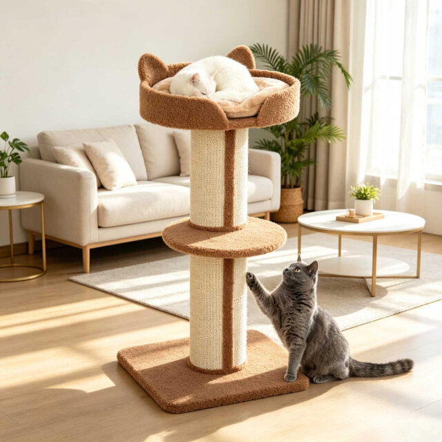 91?cm Two-Tier Cat Tower Activity Centre with Spacious Top Basket & Sisal Scratching Posts, Light Brown