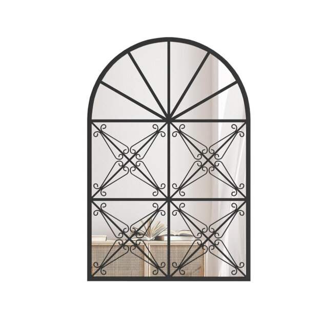 Arched Window Wall Mirror, 87X58cm Decorative Mirror Hanging Accent Mirrors, Black Metal Frame