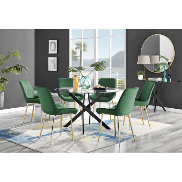 Tierra Modern Chrome Metal & Glass Round Dining Table Set with 6 Luxury Faux Leather Chairs