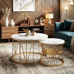 Round Nesting Coffee Tables (70+45Cm), Marble Effect V-Wire Frame With 2-Tier Storage Side Table