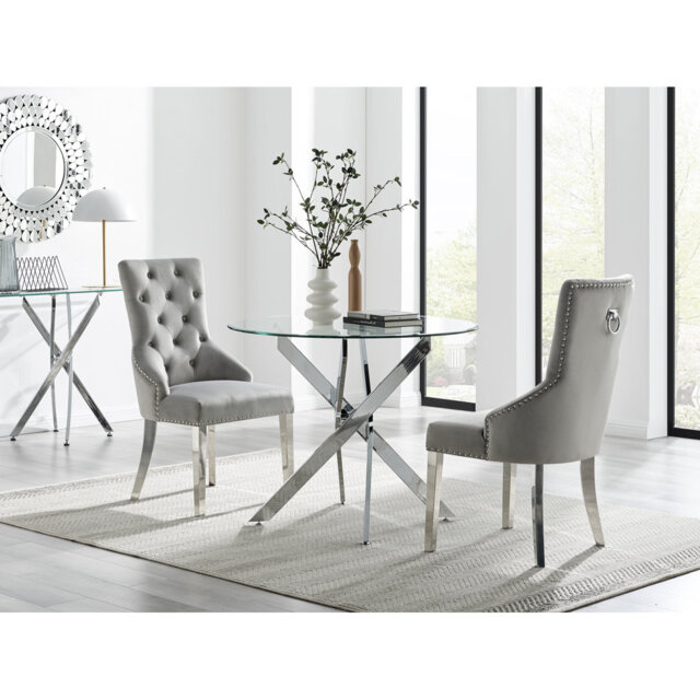 Tierra Modern Chrome Metal & Glass Round Dining Table Set with 2 Luxury Button Velvet Chairs