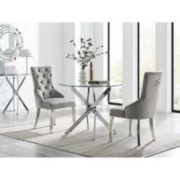 Tierra Modern Chrome Metal & Glass Round Dining Table Set with 2 Luxury Button Velvet Chairs