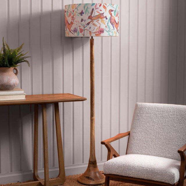Kinross Wood Mango Floor Lamp & Leaping Into The Fauna Eva Linen Shade