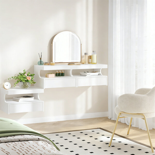 Set Of 2 Floating Bedside Tables, Wall Mounted Cabinets With 1 Drawer & Open Space, Modern Nightstands For Bedroom Living Room