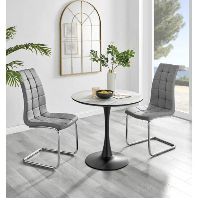Ellis White Marble Effect Melamine Round Dining Table Set with 2 Modern Faux Leather Dining Chairs