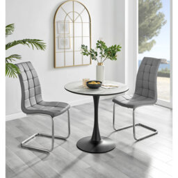 Ellis White Marble Effect Melamine Round Dining Table Set with 2 Modern Faux Leather Dining Chairs