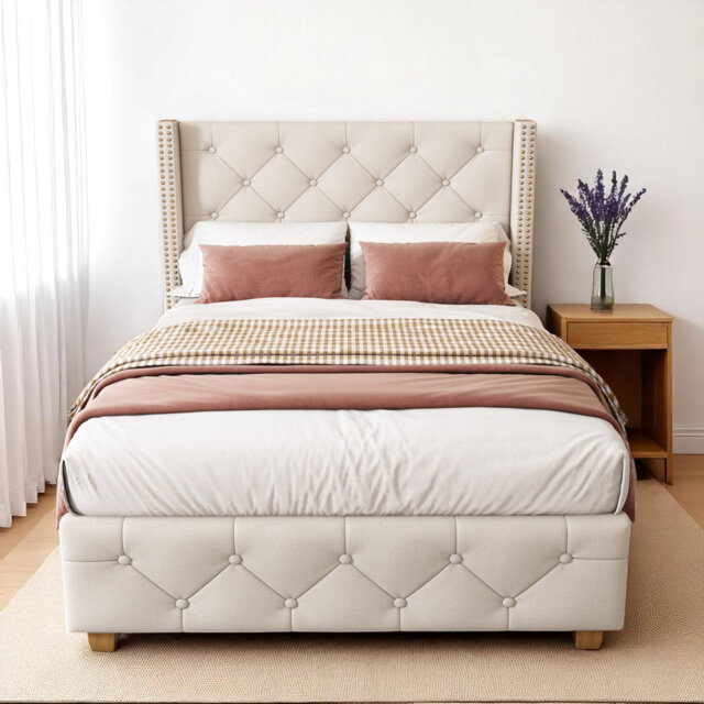 Velvet Upholstered Bed With Slatted Frame And Headboard Button And Rivet Upholstery