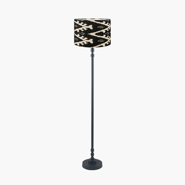 Rhode Matt Black Stick Metal Floor Lamp Base with Lars 40cm Cinnamon Ikat Patterned Cylinder Lampshade