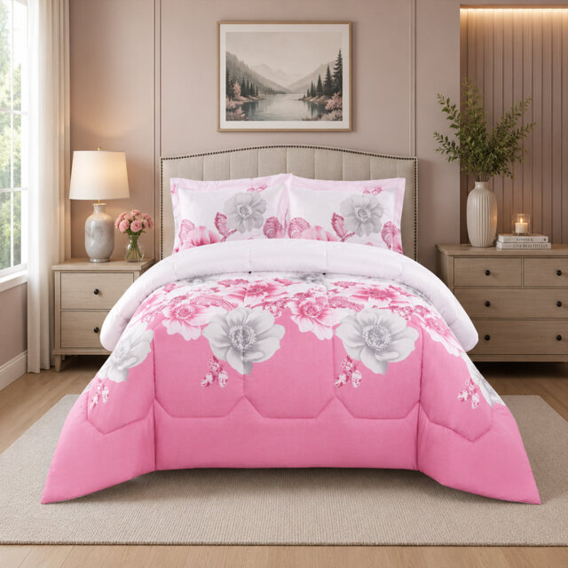 Pink Trendy Printed Bedspread Floral Design Quilted with Pillow Shams