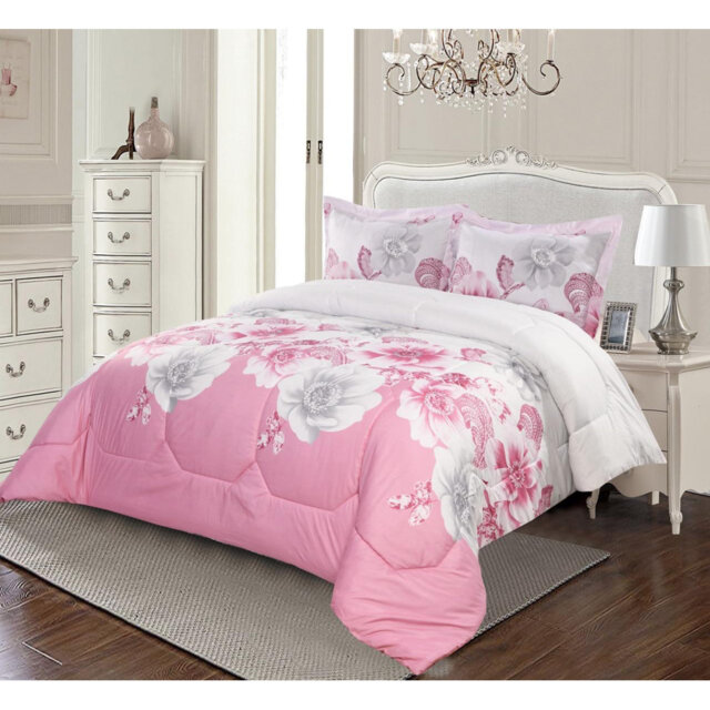 Pink Trendy Printed Bedspread Floral Design Quilted with Pillow Shams