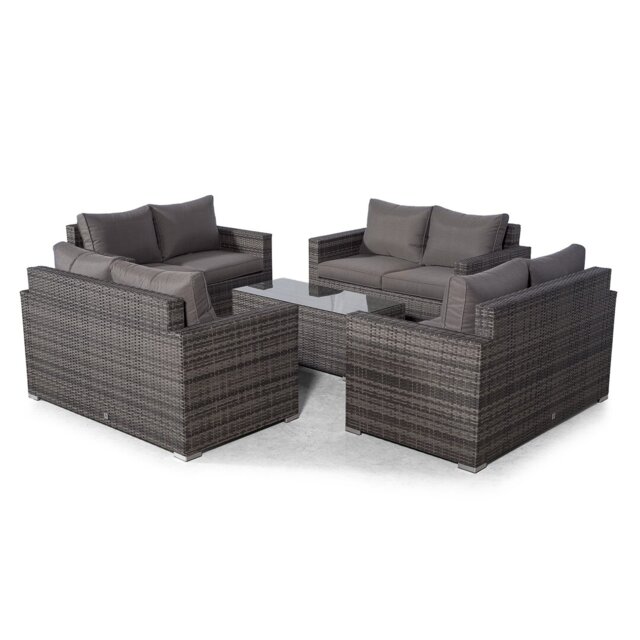 Villatoro Grey Rattan 4 X 2 Seat Sofa With 2 X Rectangle Coffee Table, Outdoor Patio Garden Furniture