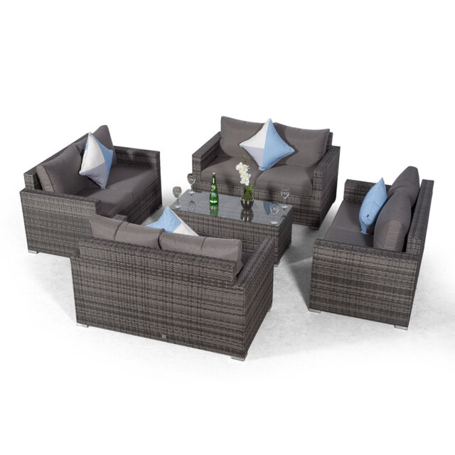 Villatoro Grey Rattan 4 X 2 Seat Sofa With 2 X Rectangle Coffee Table, Outdoor Patio Garden Furniture