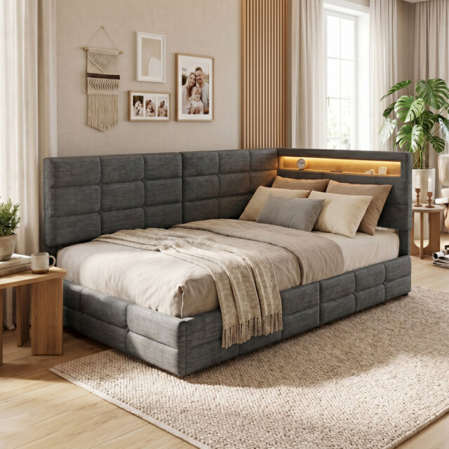 EU Single & Double Linen Daybed with LED & USB Charging, L-Shaped Headboard & Side Drawers, Beige/Grey, 90/140x200cm