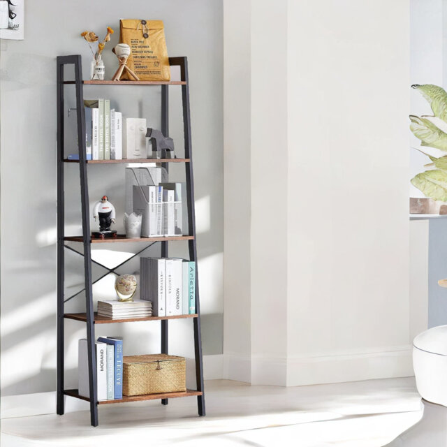 Aeneus Rustic Ladder Shelf Bookcase Industrial Rustic Brown Home Living Room Furniture