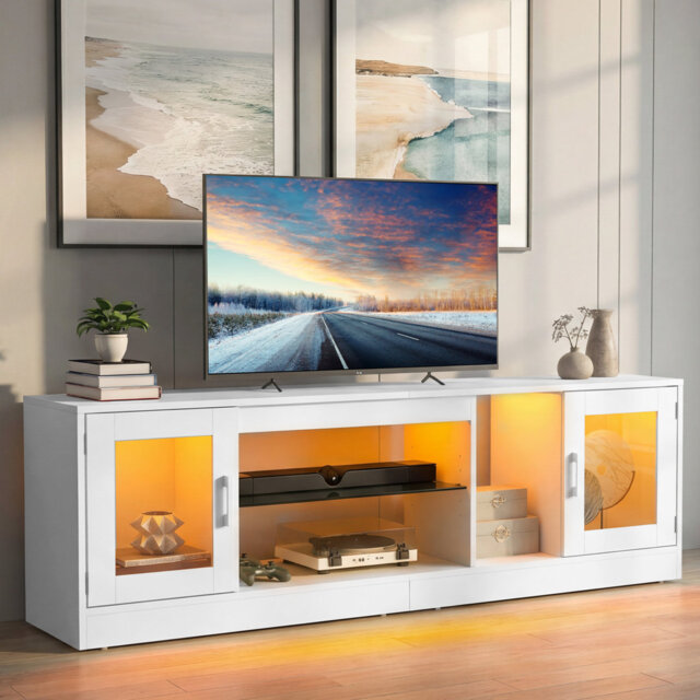 "TV Stand For Tvs Up To 65"",TV Cabinet With 7 RGB Leds & Adjustable Glass Shelf, 180X32x51cm"