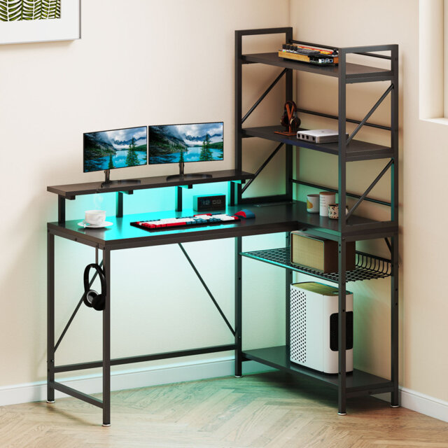 L Shaped Gaming Desk With Power Outlets & LED Lights Corner Desk With Shelves 106CM Reversible Computer Desk With Storage Shelves