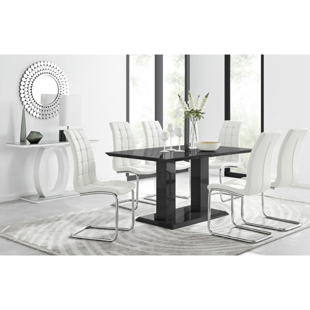 Edzard Double Pedestal High Gloss Dining Table Set with 6 Modern Faux Leather Dining Chairs
