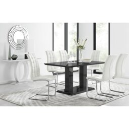 Edzard Double Pedestal High Gloss Dining Table Set with 6 Modern Faux Leather Dining Chairs