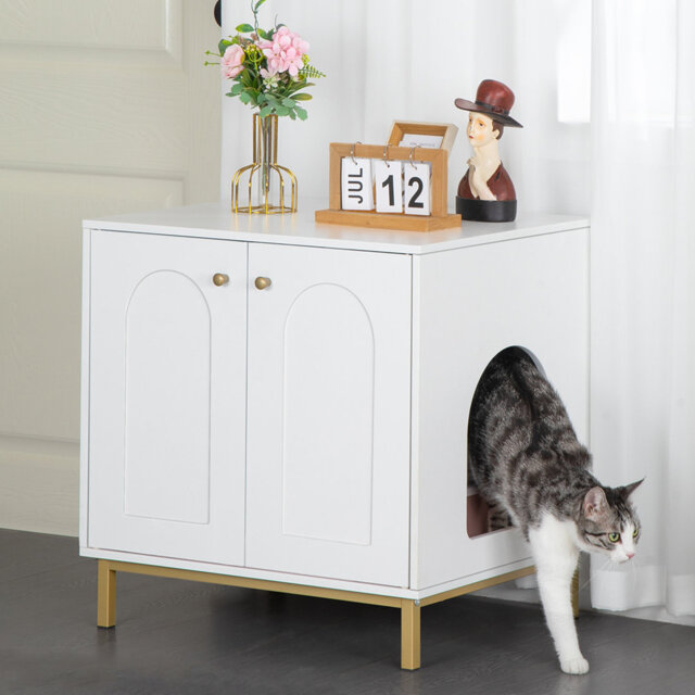 Cat Litter Box Enclosure, Hidden Litter Box Furniture with Double Doors, Wooden Pet House Side End Table, Tall Legs, 60 x 50 x 61 cm, Living Room, Bed
