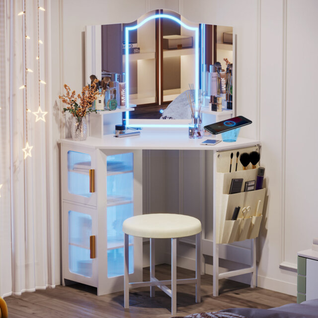 Dressing Table with Motion Sensor 3-colour lighting, Charging Socket and Stool