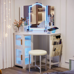 Dressing Table with Motion Sensor 3-colour lighting, Charging Socket and Stool