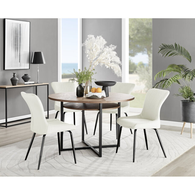 Round Wood Effect Dining Table With Storage Shelf & 4 Velvet Dining Chairs
