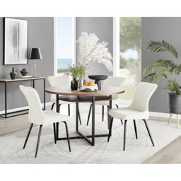 Round Wood Effect Dining Table With Storage Shelf & 4 Velvet Dining Chairs