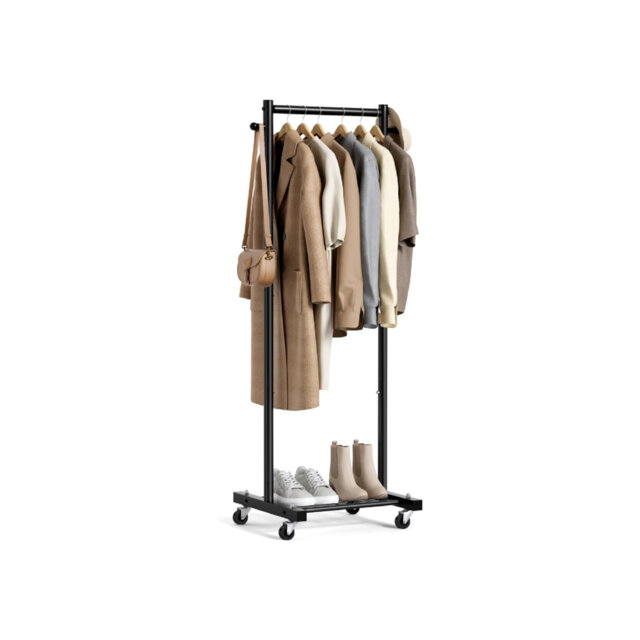 Small Clothes Rail for Hanging Clothes Rack on Wheels, Black Standing Rolling Wardrobe Rack for Laundry