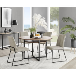 Round Concrete Effect & Black Legs Dining Table With Storage Shelf & 4 Luxury Velvet Dining Chairs