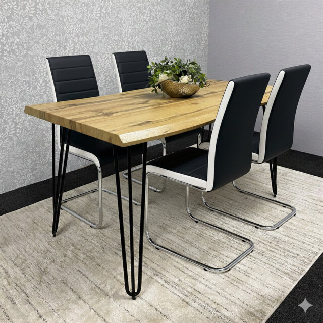 Modern Dining Set With 4 Black Faux Leather chairs with EHite side stripps Dining  Furniture