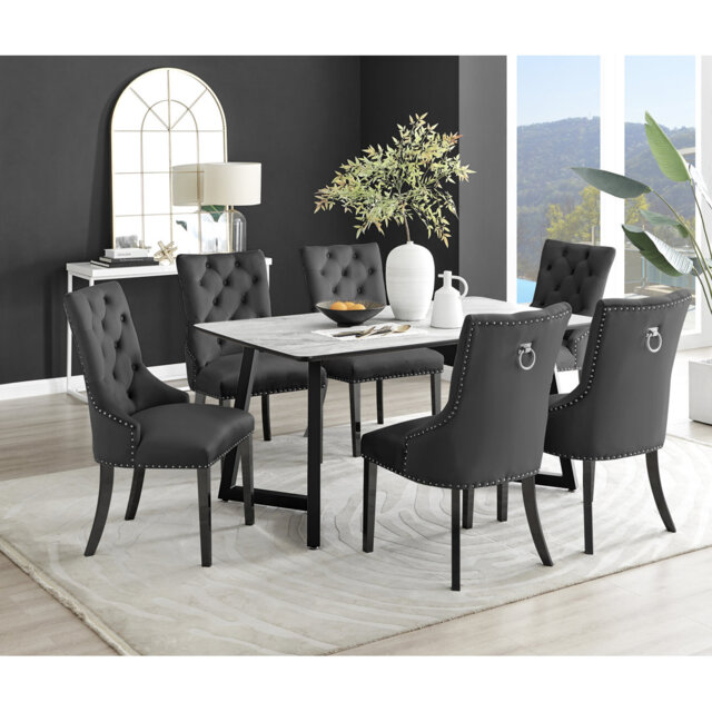 Industrial Design White & Grey Marble Effect Melamine Dining Table Set with 6 Button Velvet Chairs