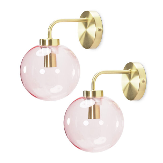 Frenchie Pair of Pink Tinted Glass Globe Single Gold Stem Wall Lights and Bulbs