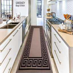 Greek-Key Beige Black Non-Slip Polypropylene Area Rug — Washable Door Mat & Hallway Runner for Living Room, Kitchen & Bedroom
