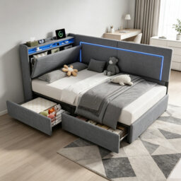 3ft Single Daybed Frame with 2 Storage Drawers, RGB LED Headboard with USB & Type-C Charging Station, Hidden Headboard Storage, Modern Linen Upholster