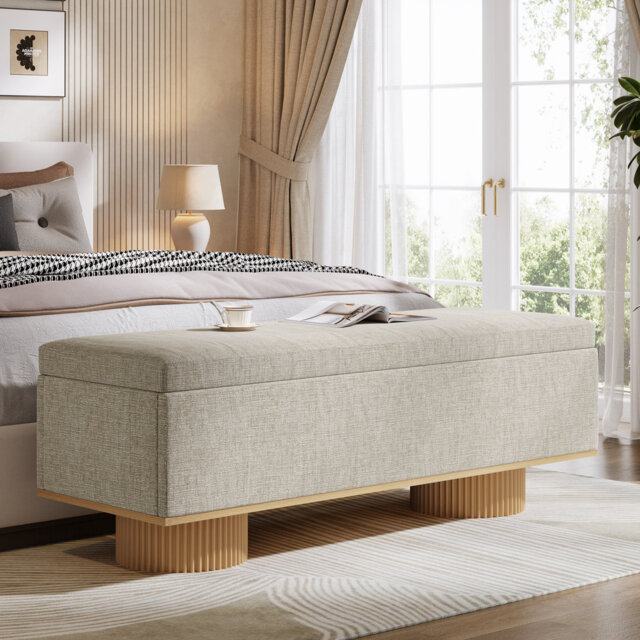 "50.39"" Upholstered Storage Bench With Padded Seat And Safety Hinge, Load Up To 330 Lb, Beige"