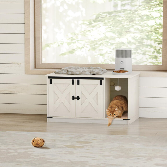 Cat Litter Box Enclosure, Hidden Litter Box Cabinet Furniture With Cat Bell, Indoor Cats House, Farmhouse Style For Hallway, Bedroom, Rustic Brown And