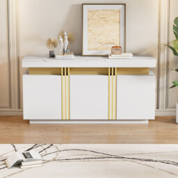 White & Gold Buffet Cabinet, 55'' Sideboard with Faux Marble Top,  Storage Credenza with 3 Doors & Adjustable Shelves for Kitchen, Dining Room, Living