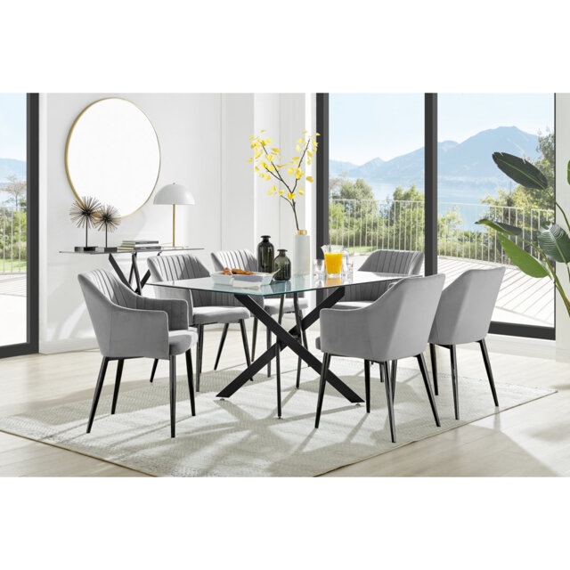Lenworth Balck Metal and Glass Rectangular Dining Table Set with 6 Luxury Modern Velvet Chairs