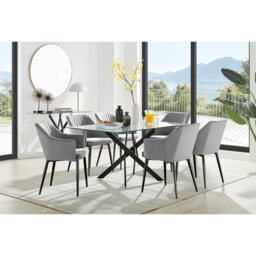 Lenworth Balck Metal and Glass Rectangular Dining Table Set with 6 Luxury Modern Velvet Chairs