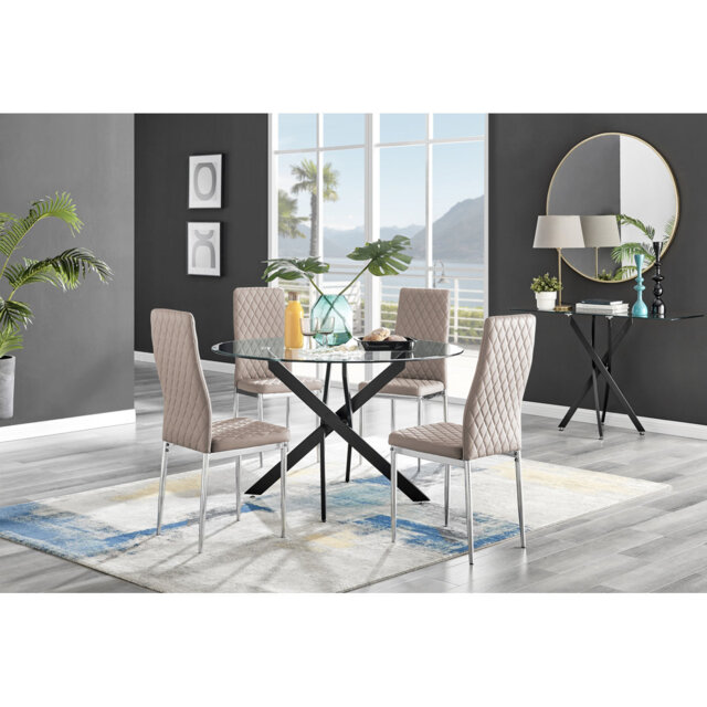 Tierra Modern Chrome Metal & Glass Round Dining Table Set with 4 Quilted Faux Leather Chairs