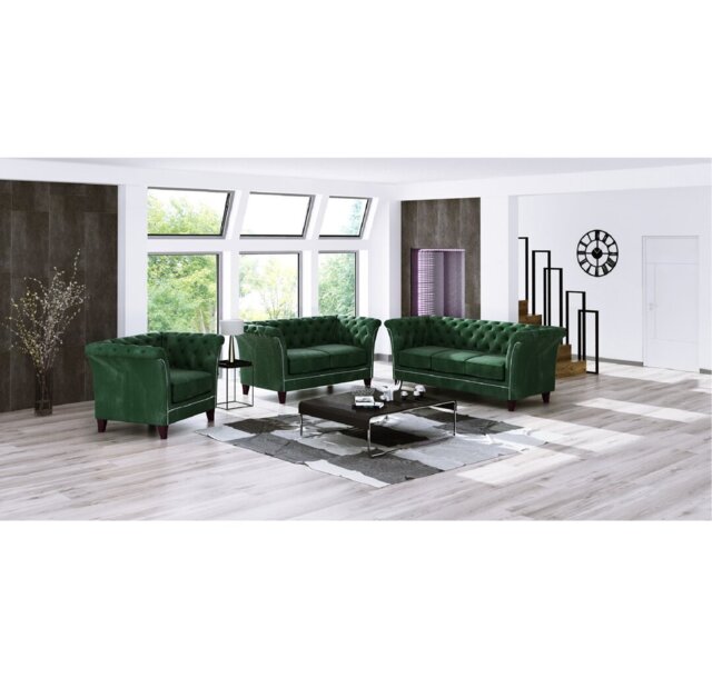 Chesterfield Sofa Set 3+2+1 Made of Velvet Fabric with Solid Wood Legs