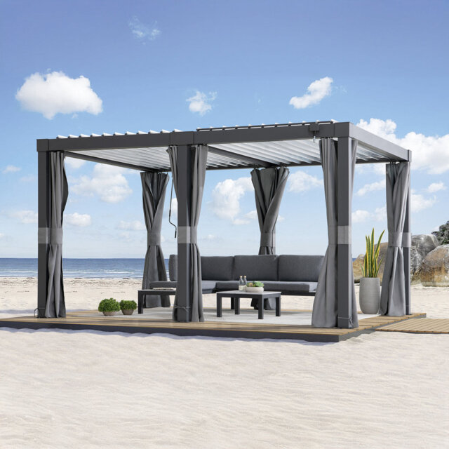 Sunjoy 3m x 3m or 3m x 4m Electric Louvered Pergola with Solar LED Lights, Remote Weatherproof Adjustable Rainproof Aluminum Hardtop Gazebo, with Drai