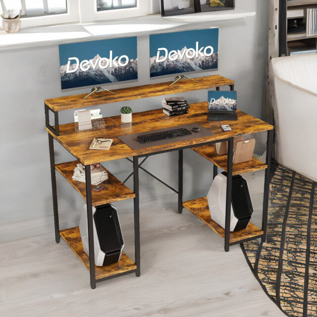 Industrial 120CM Computer Desk With Monitor Stand, Shelves And Drawer