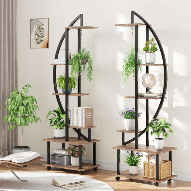 6 Tier Metal Plant Stand, 2 Pcs Half Moon Shaped Plant Shelves with Detachable Wheels, Hooks, Large Tall Ladder Plant Display Racks Holders