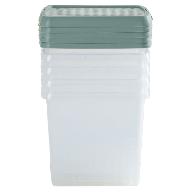 Wham Clip 5x 9L Square Plastic Storage Boxes with Secure Clip Lock Lids. L:29 x W:29 x H:15.5cm Clear/Green Milieu/Stone