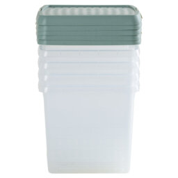 Wham Clip 5x 9L Square Plastic Storage Boxes with Secure Clip Lock Lids. L:29 x W:29 x H:15.5cm Clear/Green Milieu/Stone